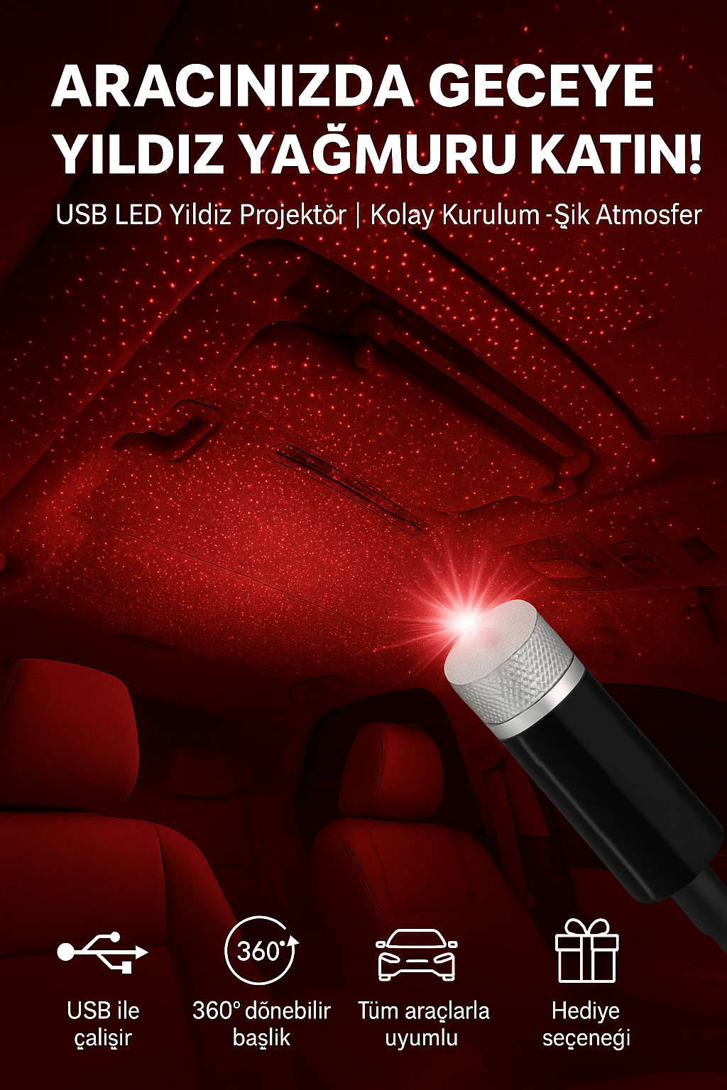 Araç içinde kırmızı yıldız deseni yansıtan USB tavan LED projektörü