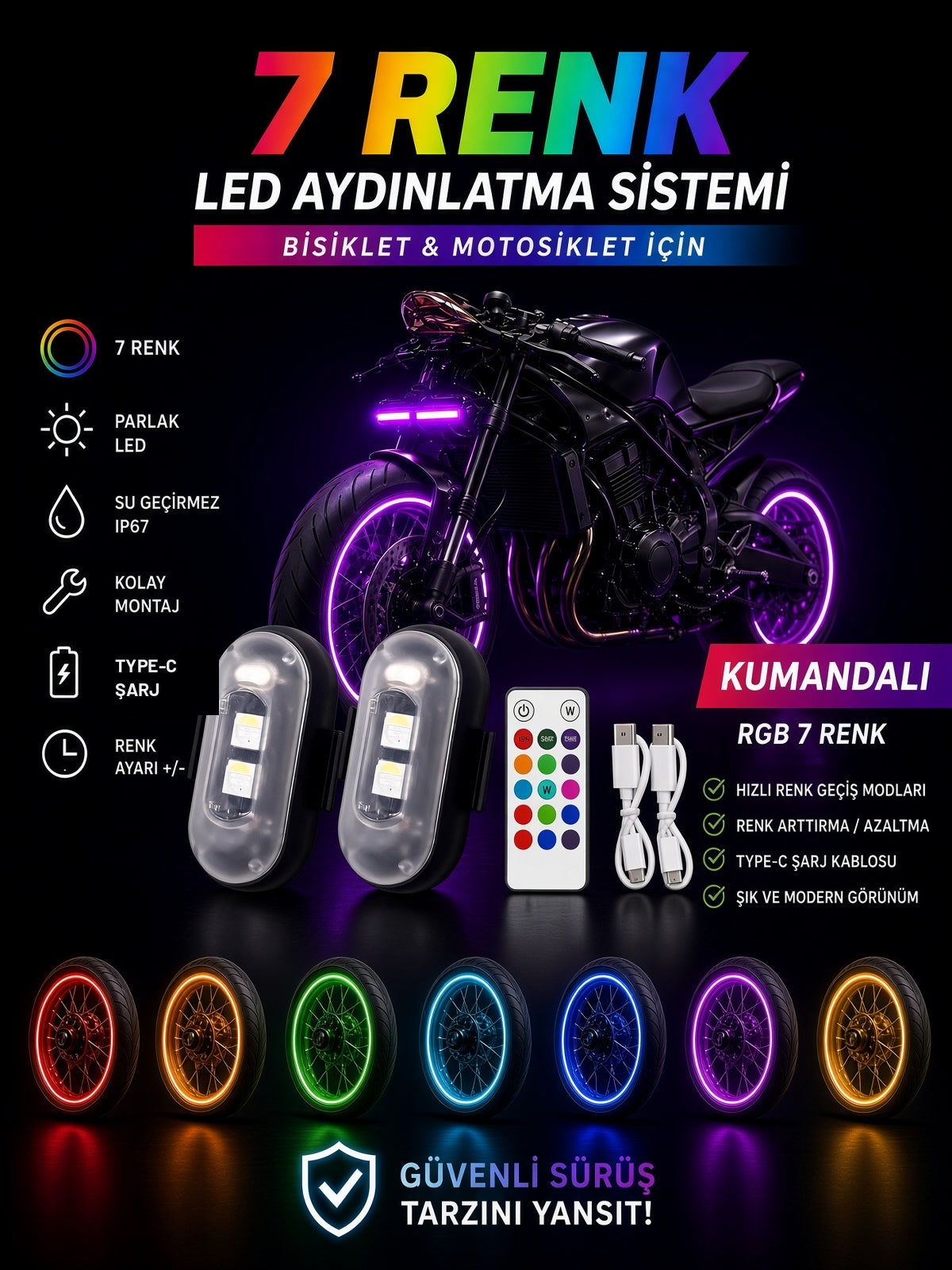 Bisiklet ve motosiklet için uzaktan kumandalı siyah 7 renk LED