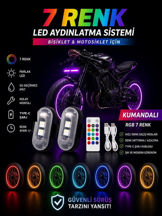 Bisiklet ve motosiklet için uzaktan kumandalı siyah 7 renk LED